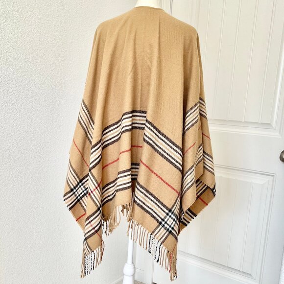V. FRAAS German Made Camel Plaid Woven Fringe Acrylic Ruana Shawl Wrap- One Size - Picture 2 of 8